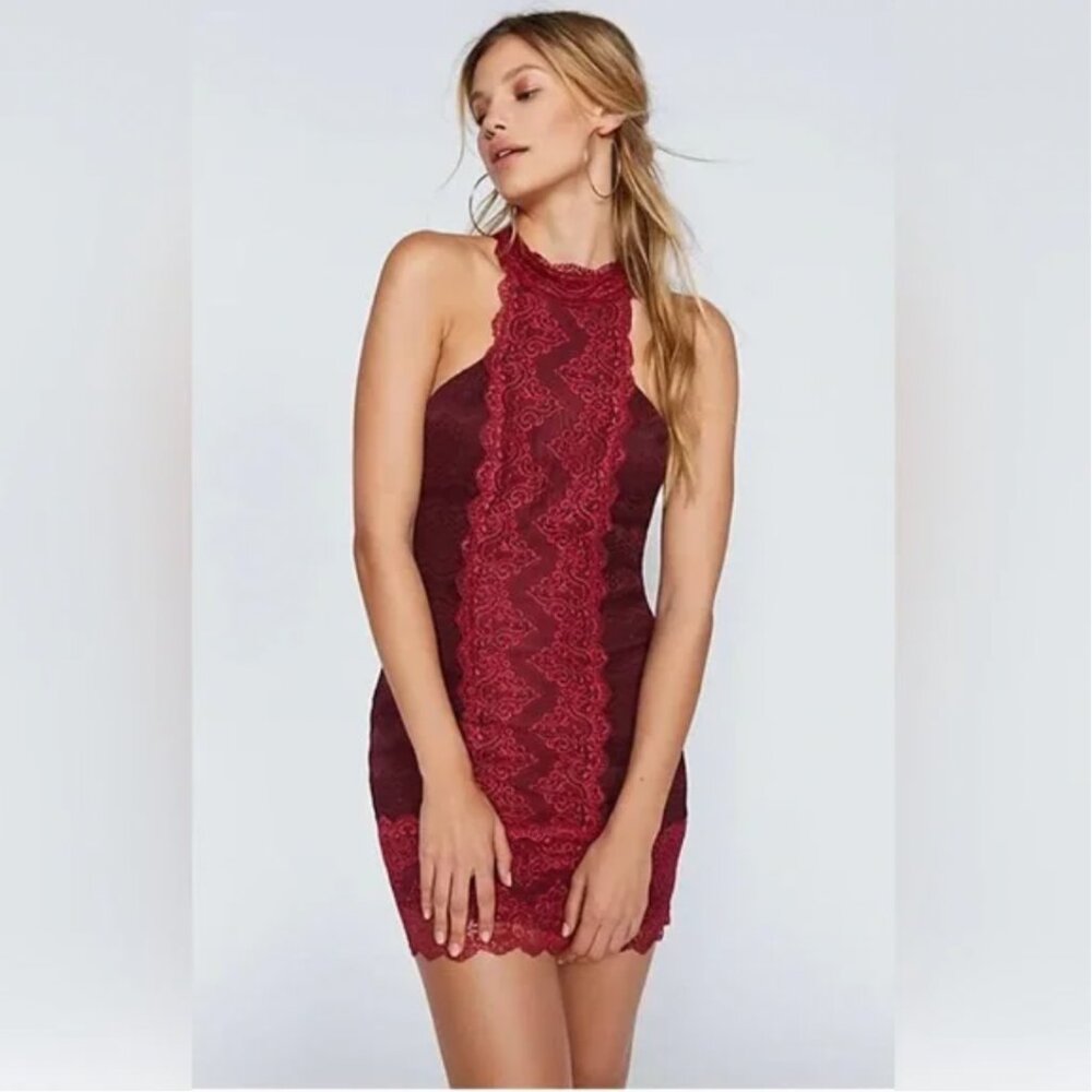 NEW $250 Free People Natasha Lace Halter Bodycon Mini Dress Party Wine Red M